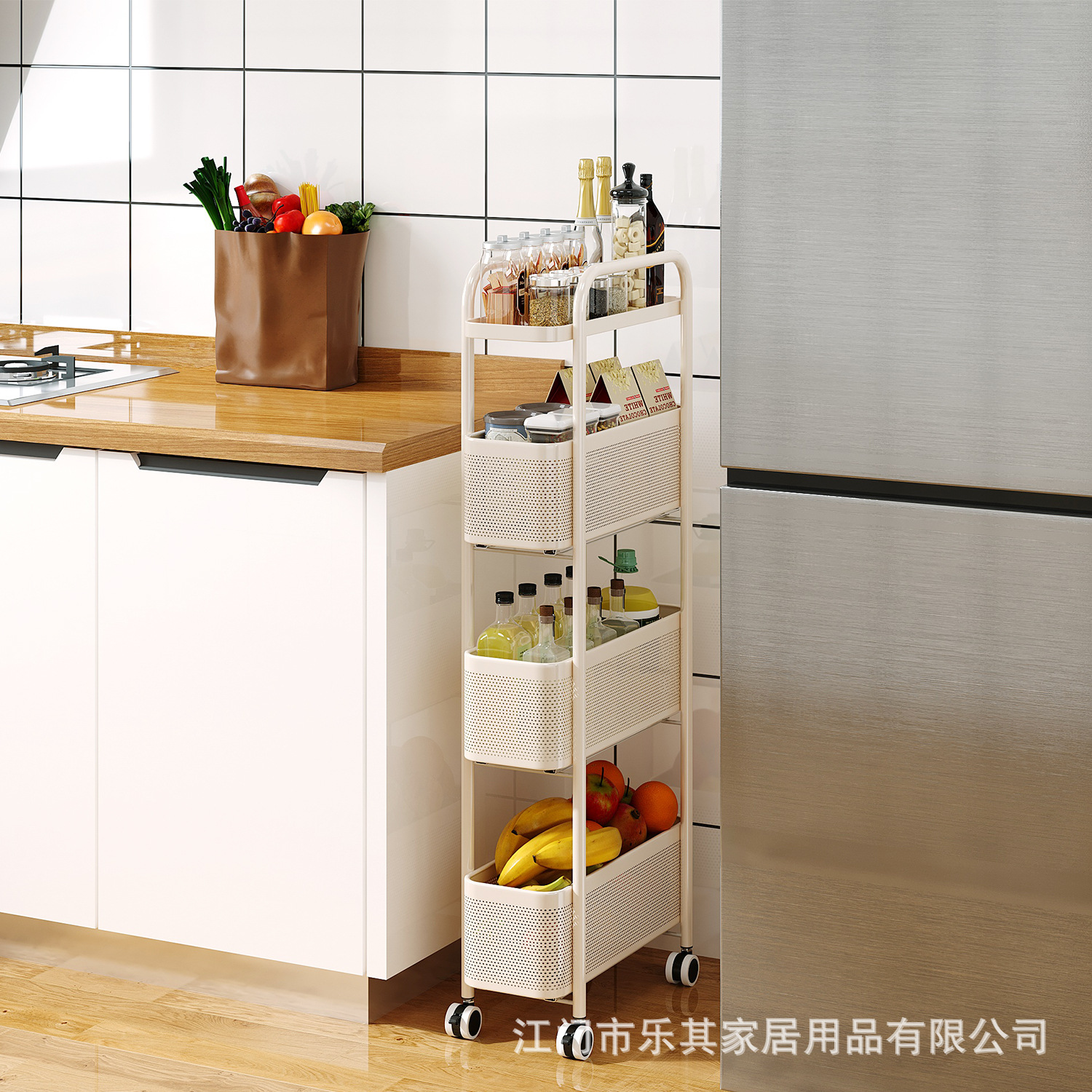 Estante de cocina hueco multicapa de piso para refrigerador de borde estrecho doméstico con hendidura lateral pequeño carro extraíble marco de almacenamiento