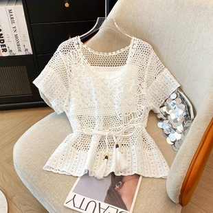 2025 Summer plus size Women's Fashion New Crochet Hollow Sunscreen Knitted Sweater Women's Pure Desire Top Outer Blouse