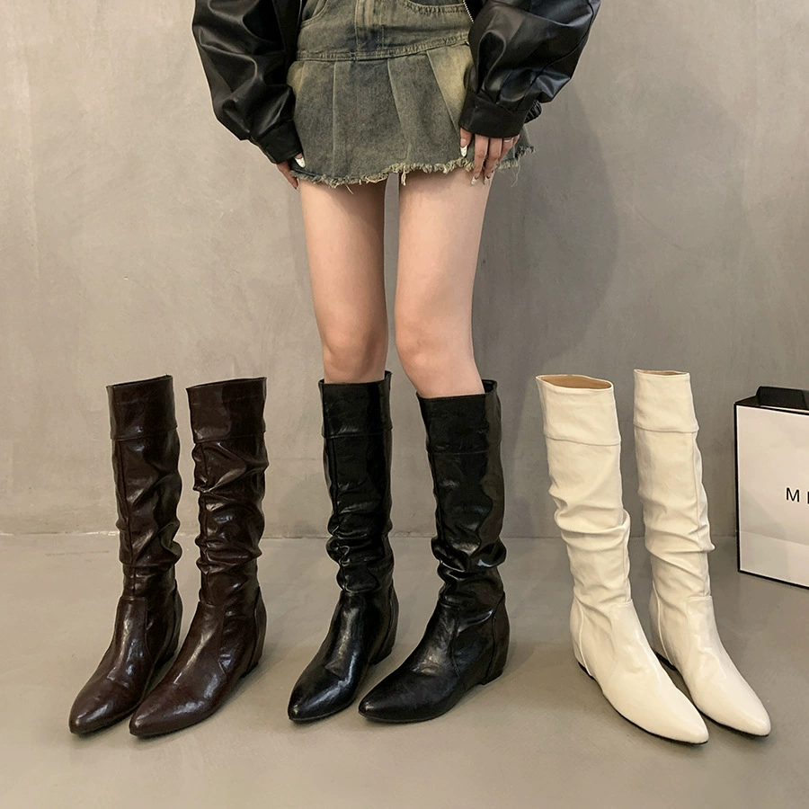 Поднятые французские заостренные наконечные стек наездные сапоги женские туфли 2024 новая весна и осень тонкие длинные сапоги