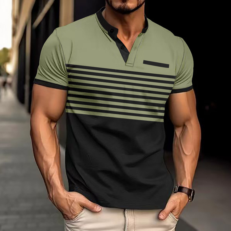 Camiseta POLO casual de los nuevos hombres transfronterizos de Amazon, bolsillo en el pecho, cuello en V, botones, rayas, color a juego, camiseta versátil