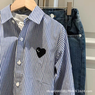 Fashion Boys Long Sleeve Shirt Autumn New Love Embroidered Blue and White Striped Distinctive Cotton Lapel Shirt Baby