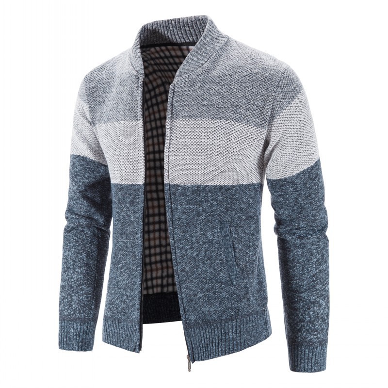 Suéter de hombre nuevo de otoño e invierno con forro polar, talla grande, suéter tipo chaqueta para hombre de Amazon, cárdigan con cuello alto y bloques de color