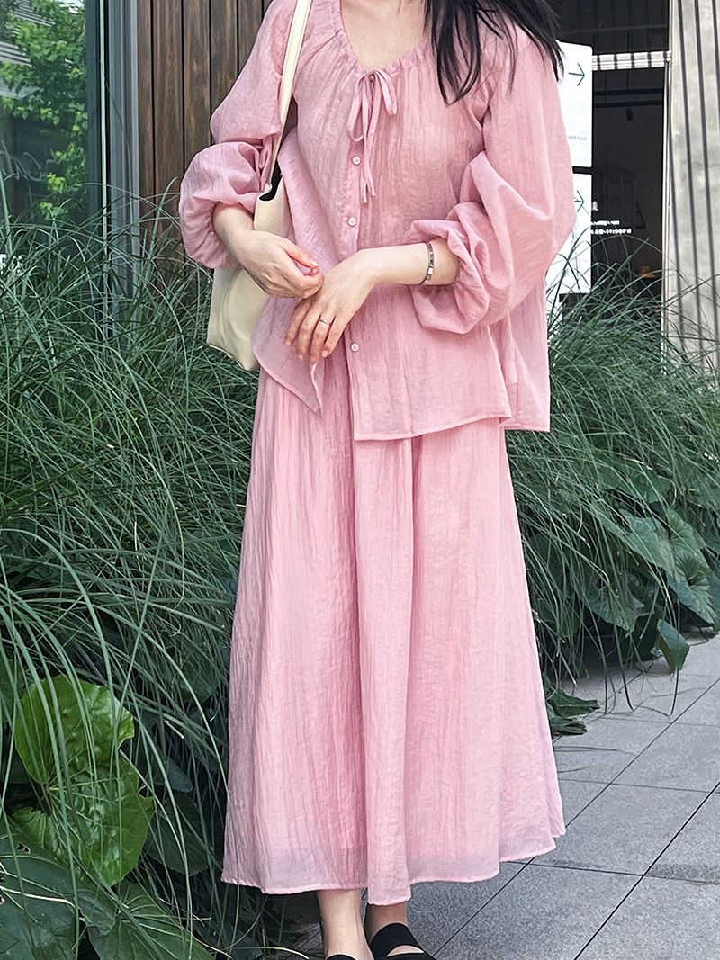 Gentle Drawstring Lace Pleated Sun Protection Shirt Skirt Two Piece Set Vacation Suit