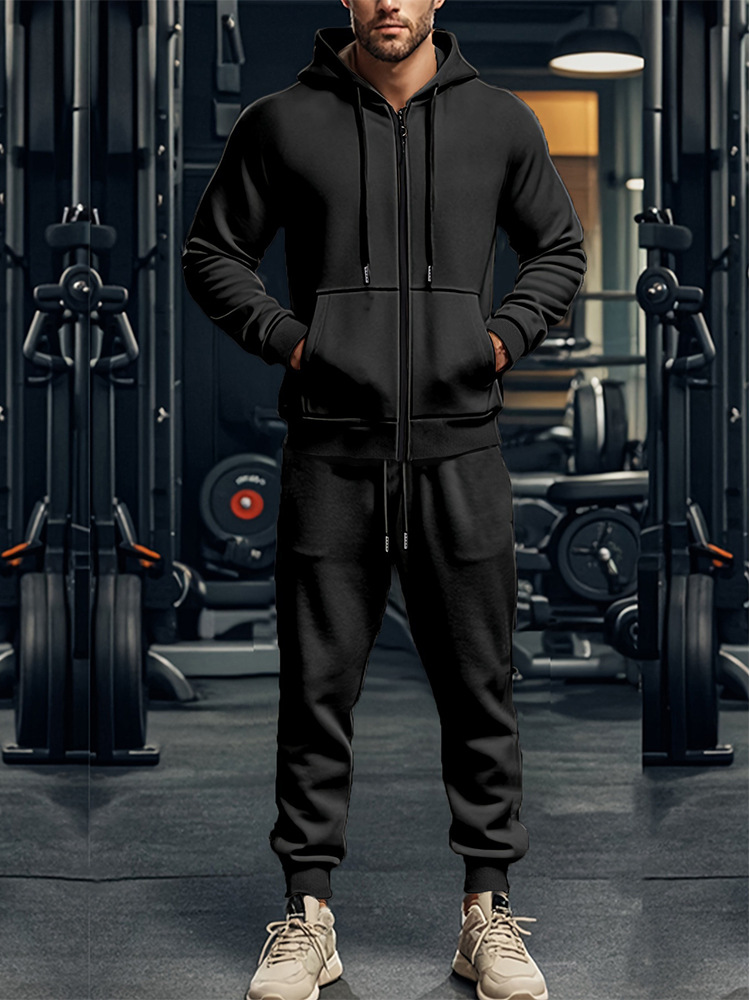 Men's Clothing Men's Heavy Fleece Two Piece Suit Long Sleeved Hooded Sports Leisure Warm Autumn Set Solid Color_viptrois.com