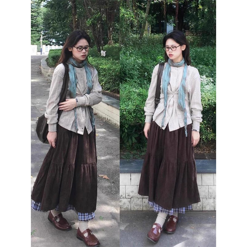 Japanese Style Brown Skirt Women's Autumn and Winter Vintage Plaid Stitching Mid-Length A- Line Skirt Casual Artistic Girl