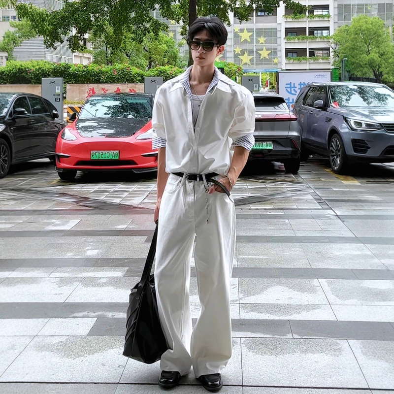Fake Two-Piece Spliced Long-Sleeved Shirt for Men, Summer Handsome and High-End Striped Shirt, American Casual Sun Protection Jacket Fake Two-Piece Spliced Long-Sleeved Shirt for Men, Summer Handsome and High-End Striped Shirt, American Casual Sun Protection Jacket