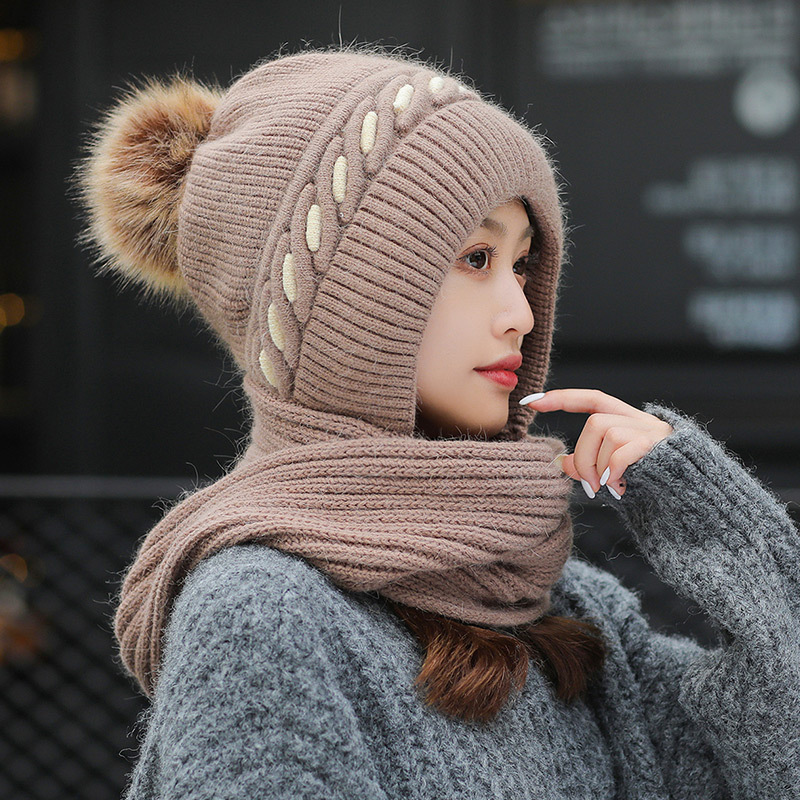 Scarf one-piece hat women's winter one-piece wool rabbit fur hat warm thickened knitted pullover hat cycling ear protection tide