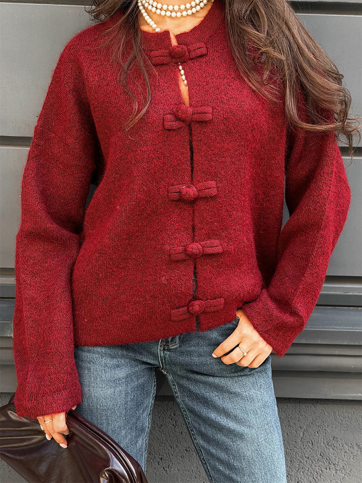 Áo cardigan len dài tay cổ tròn màu trơn cài khuy, form rộng — Màu tím, Xanh nhạt, Xanh quân đội, Xanh rêu đậm chi tiết 20