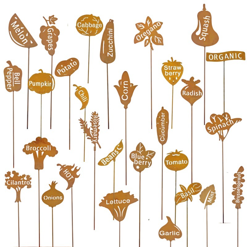 Cross-Border Embroidered Garden Vegetable Markers Flower Pot Box Logo Metal Artwork Outdoor Vegetable Marker Plug-In Wholesale