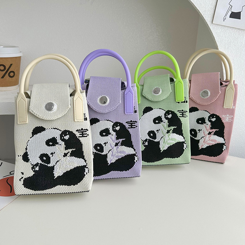 Bolsa de tejido para móviles, caricatura de panda para mujeres, estilo coreano, bolso de hombro único, bolso de viaje, bolso de cambio, bolso pequeño