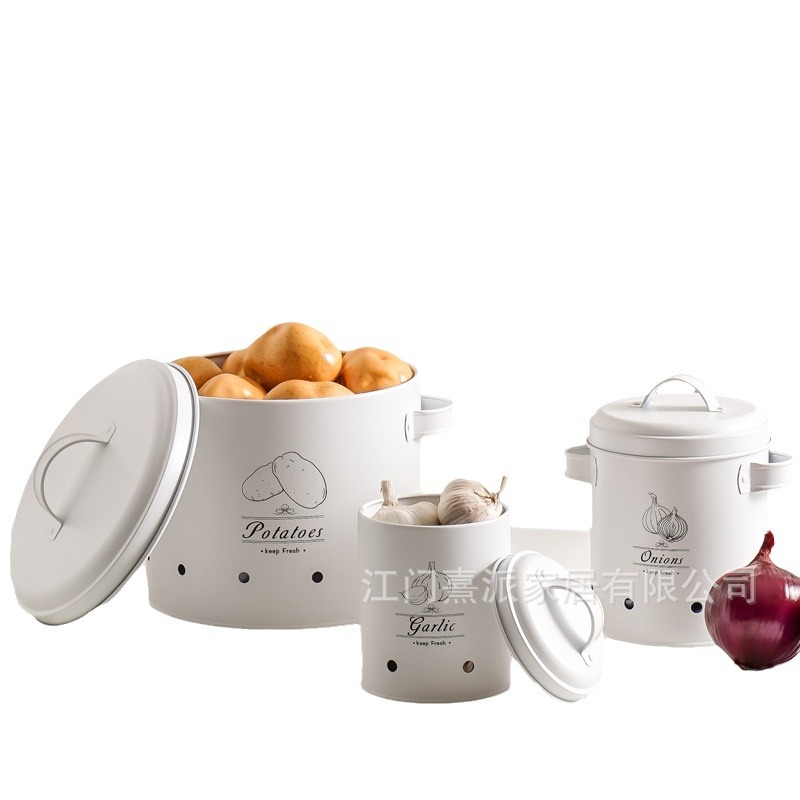 Barril de patata transfronteriza cebolla ajo contenedor de almacenamiento conjunto de cocina caja de almacenamiento de frutas y verduras patata metal permeable a la atmósfera