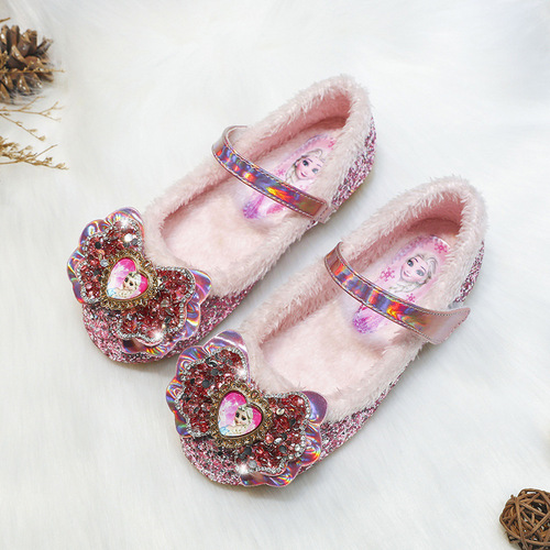 女童爱莎公主鞋冬季新款儿童水晶鞋加绒单鞋小女孩软底鞋子平底鞋