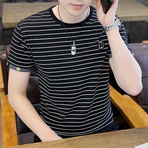 Men's New 2024 Summer Striped T-Shirt Short Sleeve Trendy Ice Silk Half Sleeve Streetwear Large Men's Clothing Thin T-Shirt