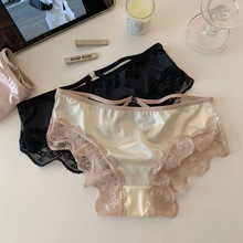 甜欲小蜜桃*法式性感缎面蕾丝女纯欲镂空透气纯棉档三角内裤包邮