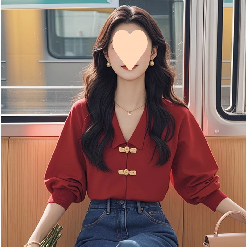 새로운 중국 스타일 국가 스타일 버클 레드 긴 소매 셔츠 프라이드 스트리트 슬림 가을 틈새 아름다운 독특한 탑