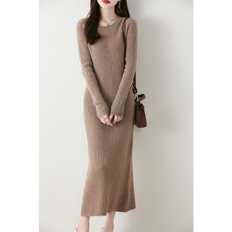 Wool dress Women's Crewneck Long-Sleeved Over-the-Knee Base Skirt Long Woolen Dress Tight Waist Slimming Coat Inner Long Skirt
