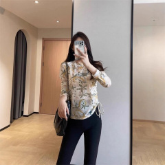 A29911时髦精复古中式韵味花色修身显瘦侧边抽绳长袖T恤女2025秋