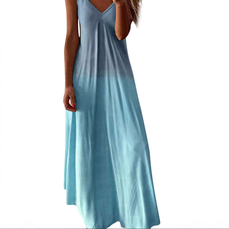 2025 New Women's V Sleeveless Gradient Sleeve Printed Long Skirt Sky Blue