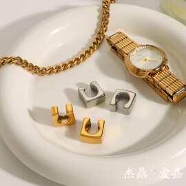 杰鼎欧美不锈钢几何耳环高级感小众耳骨夹钛钢耳饰品跨境earring