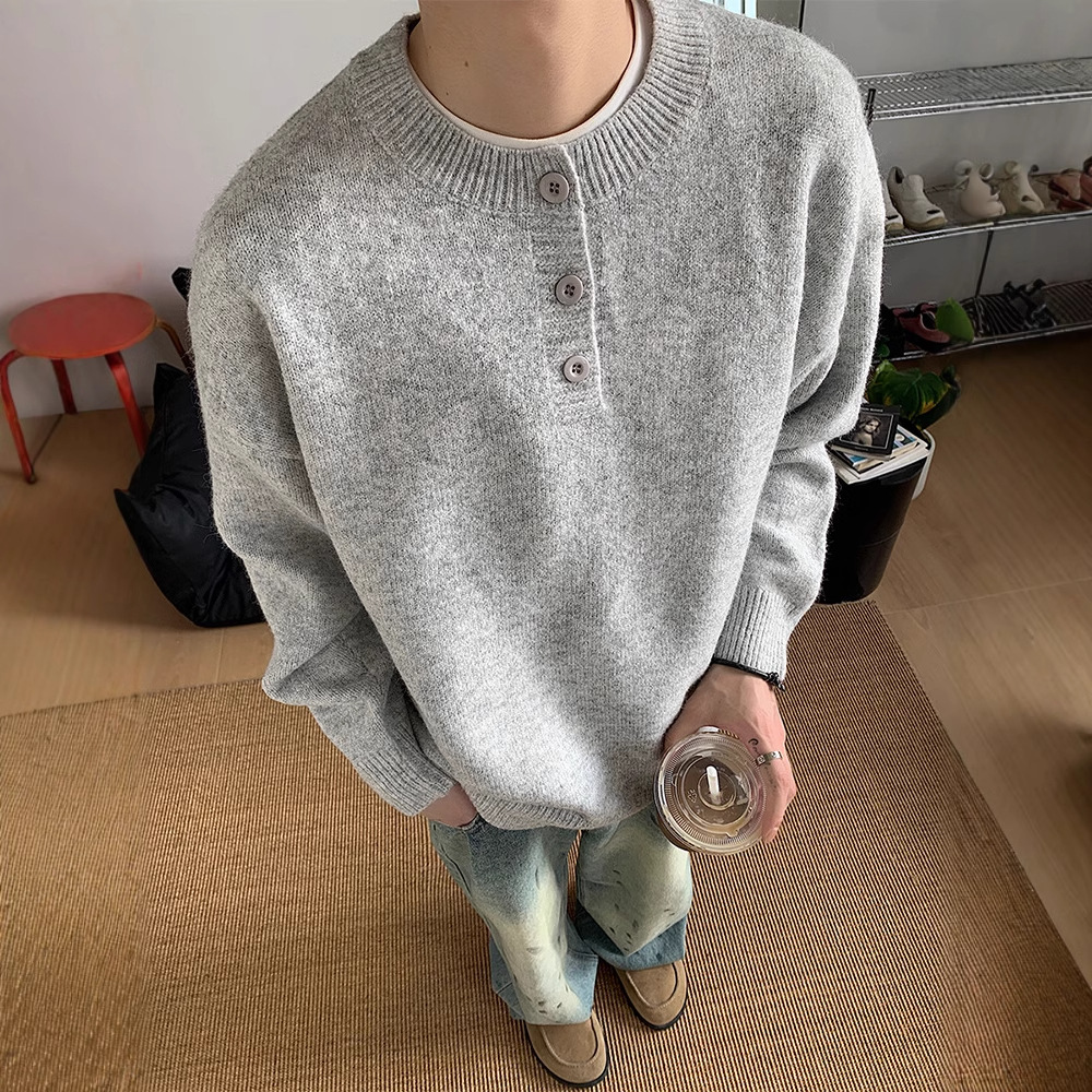 灰色美式复古亨利领毛衣男秋冬款慵懒风高级感针织衫cleanfit外套