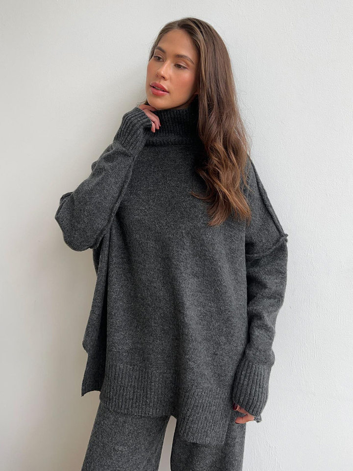 Bộ áo len cổ cao dài tay kèm quần dài dệt kim dày dặn form rộng — Màu camel, Màu cà phê, Màu xanh lục đậm, Màu xám đậm chi tiết 32