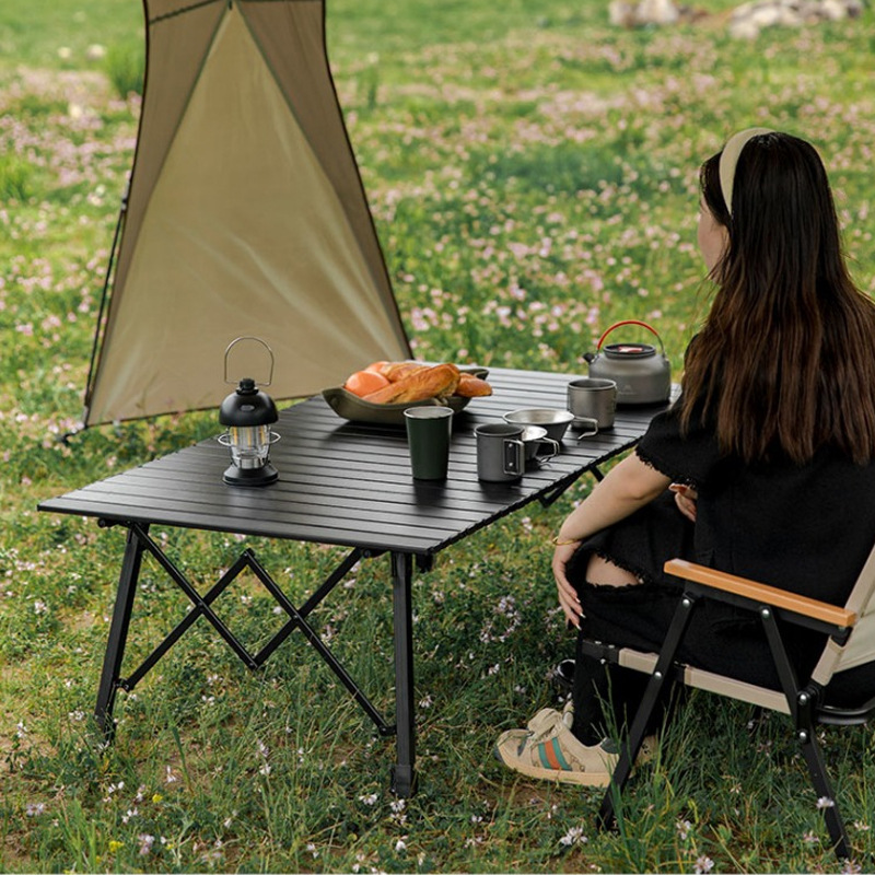 Outdoor Camping Style Table Camping Style Folding Aluminum Alloy Egg Roll Table Portable Picnic Lift Table and Chair Table Set