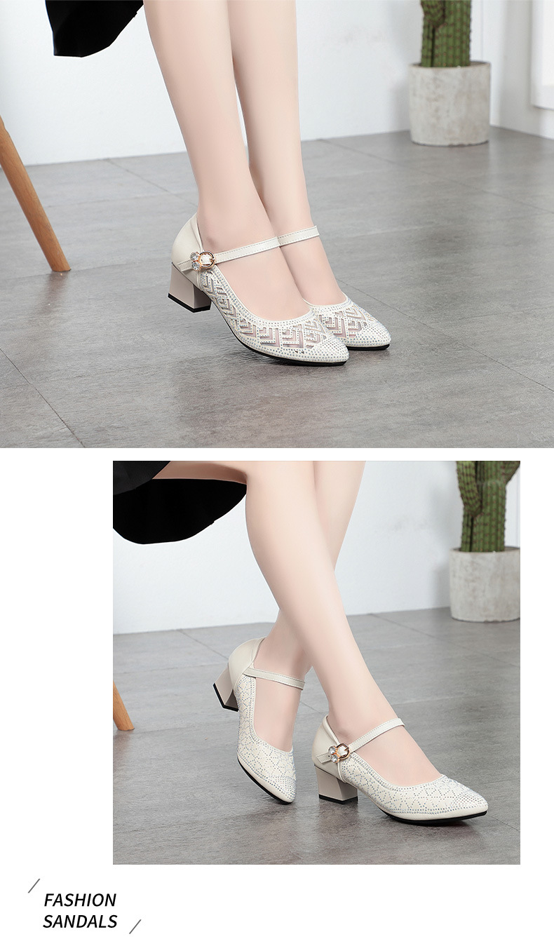 Sandal nữ da thật mũi kín lưới hở gót vuông ổn định — màu đen chi tiết 8