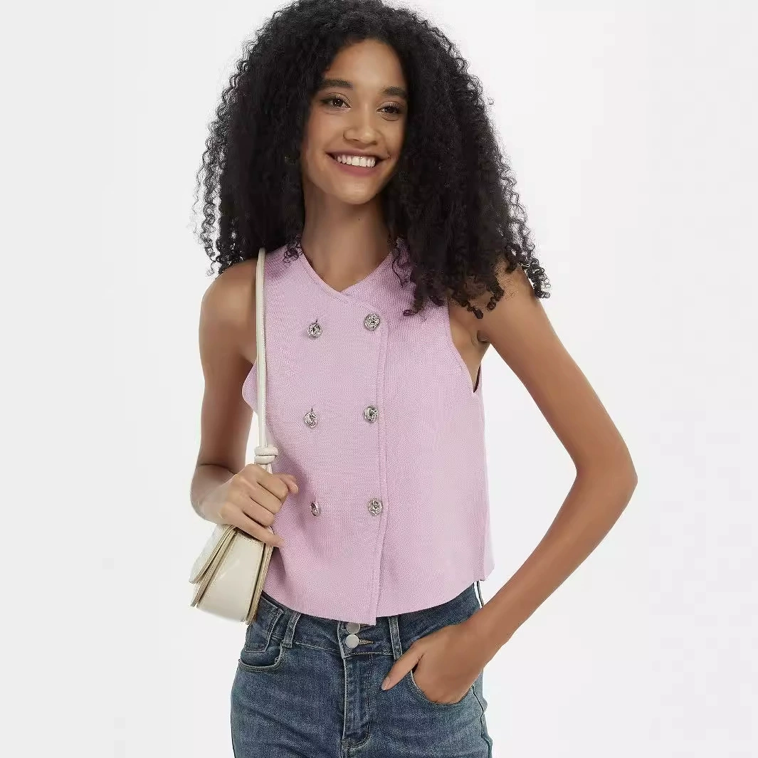 Трансграничная женская оптовая продажа в европейском и американском стиле тонкая тонкая двубортная трикотажная жилета осенняя женская маленькая жилета