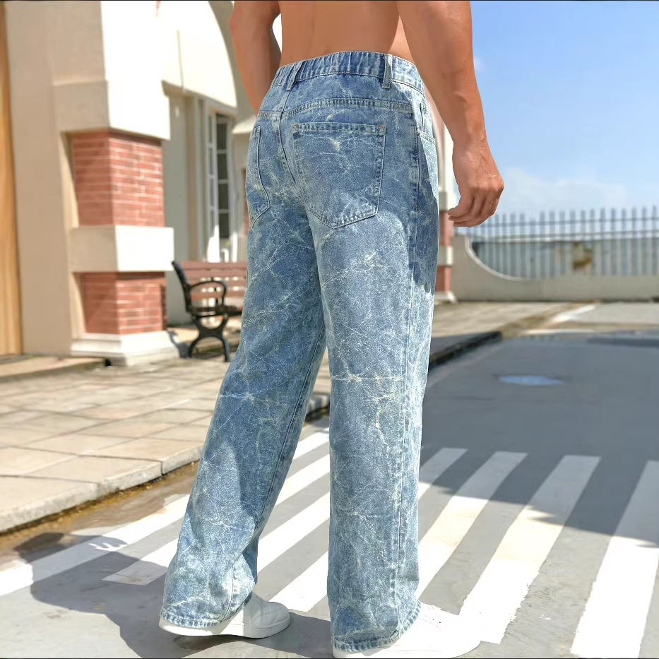 Men's Trendy Versatile Tie Dye Jacquard Wide Leg Straight Leg Jeans Autumn Winter Retro Washed Denim_mkmklike.com