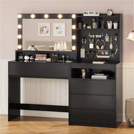 跨境亚马逊现代梳妆台带化妆镜首饰柜子电源插座柜抽屉桌卧室