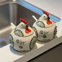 小鸡调料罐厨房家用高端盐辣椒油收纳盒置物架猪油罐陶瓷带盖防潮