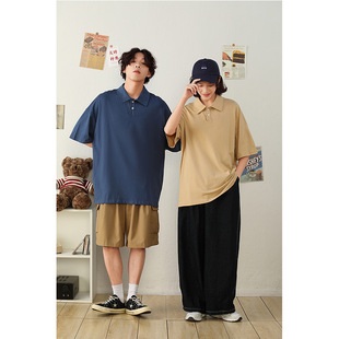 190g Drop Shoulder Polo Shirt with a Turn-Down Collar, Short Sleeves, Plus Size, Japanese Style, Pure Cotton, Quarter Sleeves, Unisex Parent-Child T-Shirt, Solid Color Top