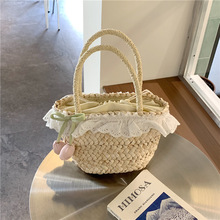 小清新手拎菜篮子包可爱女童夏季蕾丝花边编织包海边度假风斜跨包