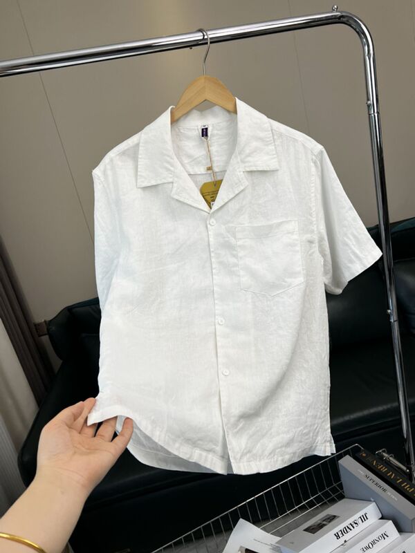 100%亚麻！ 经典古巴领！夏季男士外贸纯色休闲透气宽松短袖衬衫|undefined