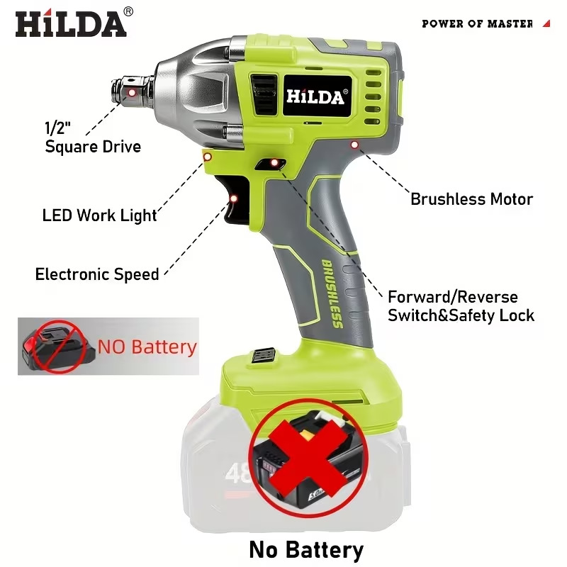 HILDA18V Llave de impacto sin escobillas Herramientas eléctricas Lámpara LED multifunción reparación automotriz gran torsión Llave eléctrica