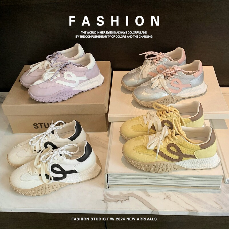 Genuine Leather Casual Sneakers for Women, Lace-Up Thick-Soled Height-Increasing Versatile Style, 6cm Version Grape-Colored German Training Shoes