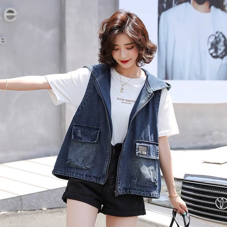 Korean Style Casual Denim Vest Women's Hooded Spring and Autumn New Large Size Loose Waistcoat Artistic Labeled Vest Short Jacket Korean Style Casual Denim Vest Women's Hooded Spring and Autumn New Large Size Loose Waistcoat Artistic Labeled Vest Short Jacket