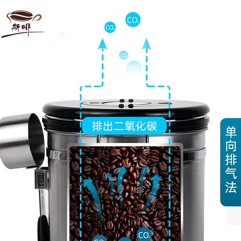 Recipiente sellado para granos de café con válvula de ventilación unidireccional, contenedor de almacenamiento con cuchara, a prueba de fugas, a prueba de humedad y que conserva la frescura.
