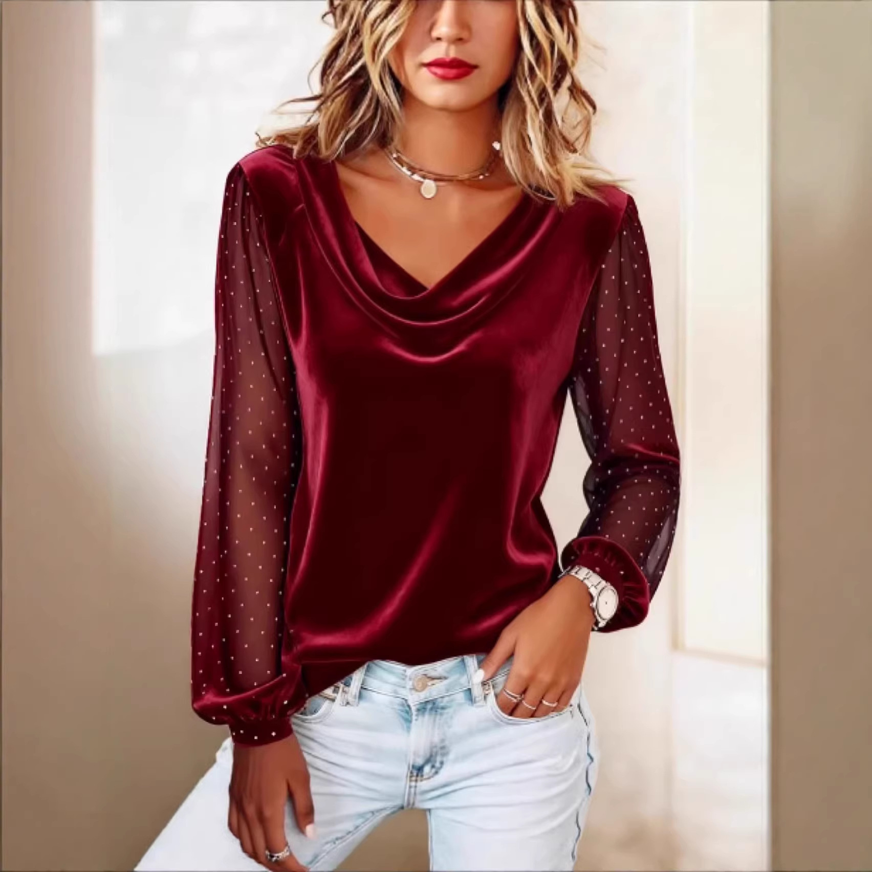 2025亚马逊独立站跨境外贸女装纯色V领网纱烫钻长袖T恤女气质通勤