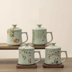 红岳桂花猫马克杯带盖陶瓷水杯茶杯女士高颜值茶水分离办公杯送礼