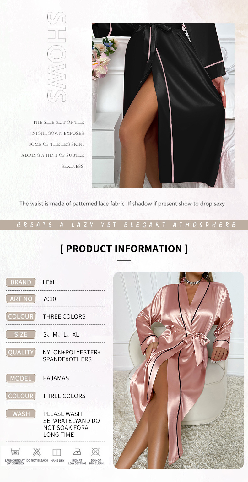 Camisola de seda feminina com decote em v e roupão curto_voghion.com