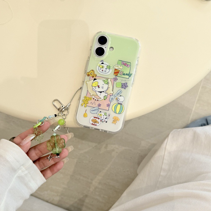 Divertida ilustración de gatito verde lindo para Apple 15/14 funda para teléfono iphone16ProMax femenino 15Pro