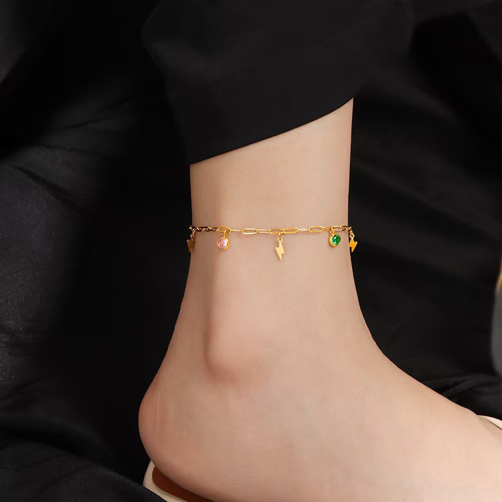 Personalidad transfronteriza de moda de acero inoxidable color dopamina zircon relámpago pequeño colgante joyas de tobillas nicho mujer joyas de pie