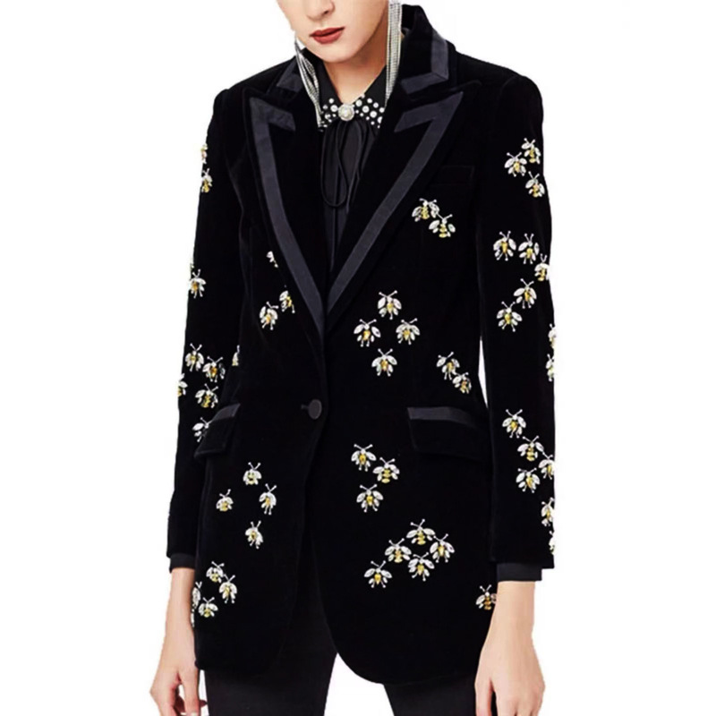 2654 In-Stock Spring and Autumn New Fashion Velvet Fabric Bee Appliqué Heavy Beading Long Women's Blazer 2654 In-Stock Spring and Autumn New Fashion Velvet Fabric Bee Appliqué Heavy Beading Long Women's Blazer