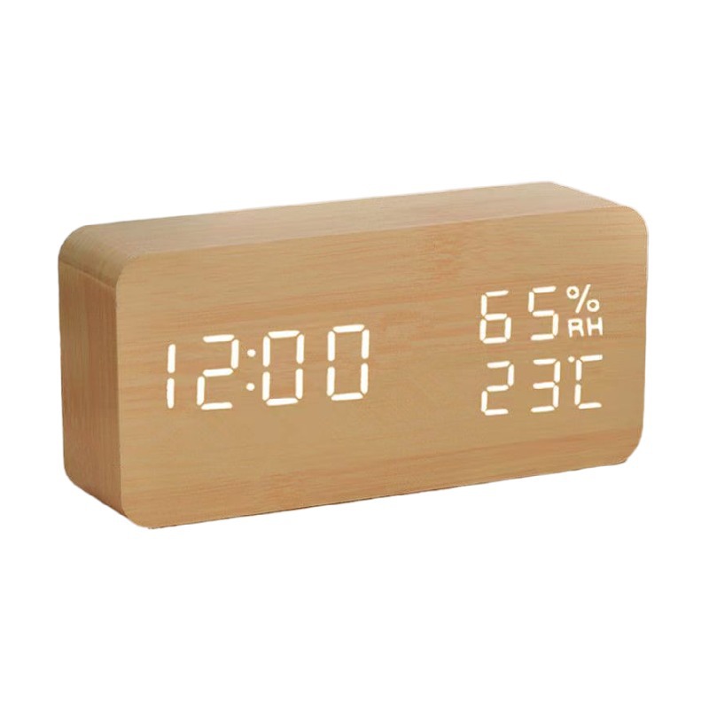 Qili reloj despertador inteligente de control de voz mudo LED reloj de madera Artesanía regalo de carga USB