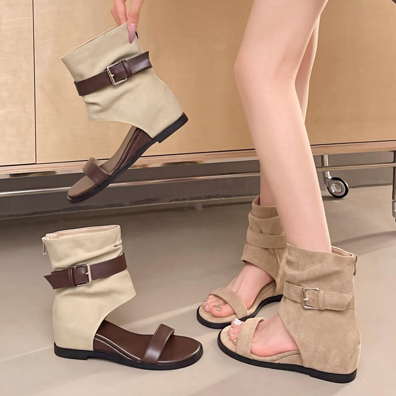 Roman Sandals for Women, Summer Open-Toe Hollow-Out Boots, 2026 French Style Elegant Flat Short Boots with Hidden Height Increase