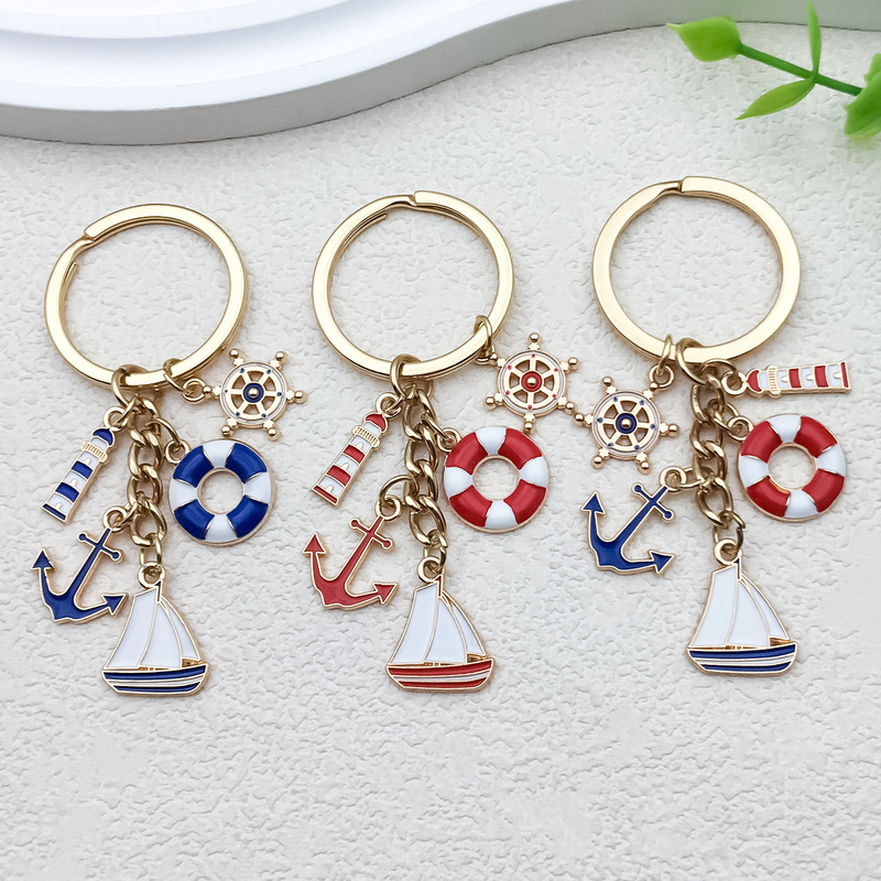 Cross-border hot sale key chain ring alloy oil dripping sailing lighthouse lifebuoy rudder anchor keychain pendant