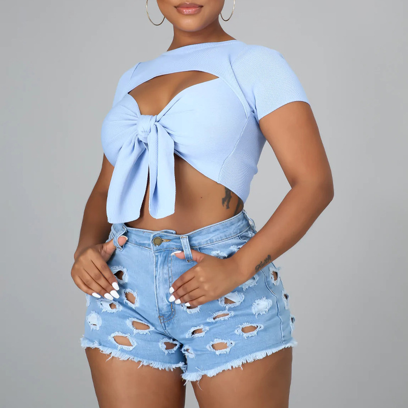 Pantalones Cortos Jeans de Tiro Alto para Mujer, Mezclilla de Algodón, Elástico, Color Sólido