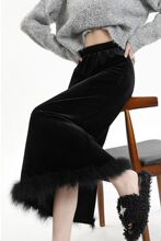黑色加绒加厚丝绒半身裙女秋冬款高腰垂感开叉一步裙a字包臀长裙