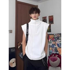 ホワイトハイネックノースリーブベストメンズ夏ハーフジップ肩パッドTシャツハイエンドハンサムアメリカンベスト